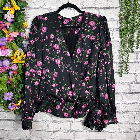 /Banana Republic Floral Printed Long Sleeve V Neck Wrap Blouse Size Large - Picture 2 of 15